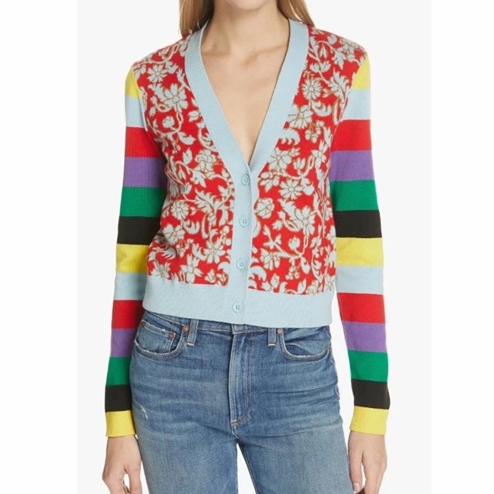 Alice + Olivia Minako Cardigan Sweater Floral Rainbow Stripe Blue Red M